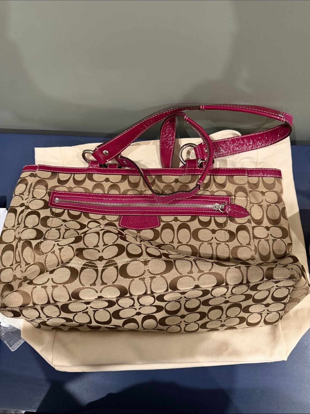 Coach Beige Signature Canvas Tote with Pink Trim